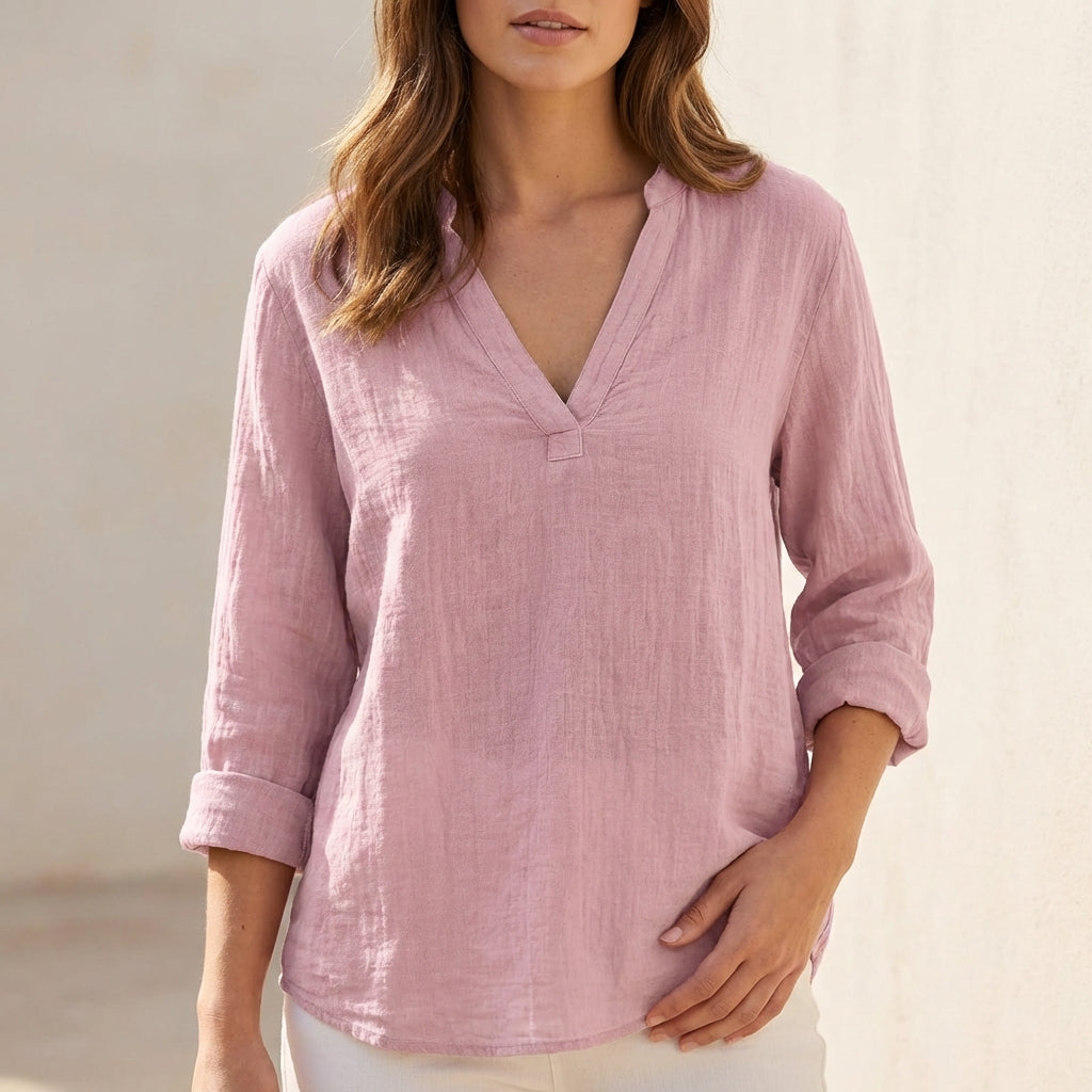 Women's Cotton Linen V-Neck Blouse Relaxed Fit - Vonnera