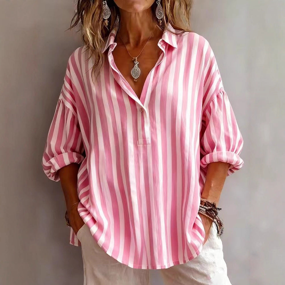 Women's Relaxed Fit Striped V-Neck Blouse 3/4 Sleeves - Vonnera