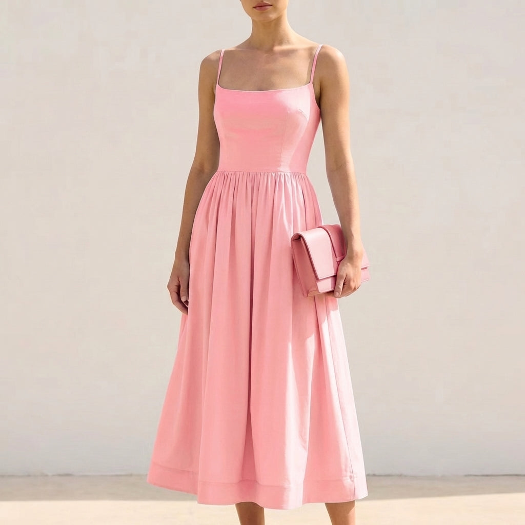 Women's A-Line Midi Dress Fitted Bodice Spaghetti Straps - Vonnera