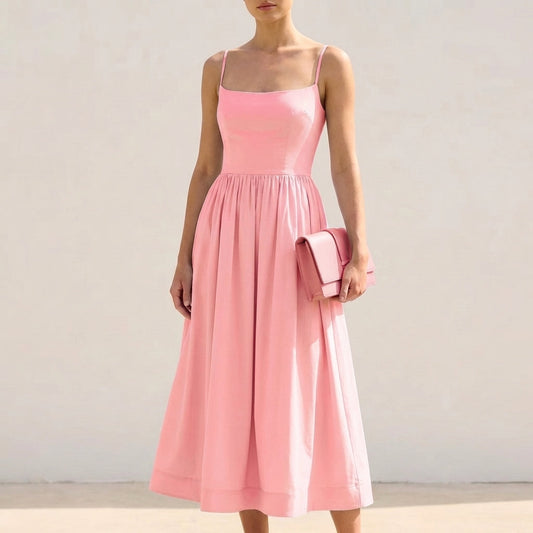 Women's A-Line Midi Dress Fitted Bodice Spaghetti Straps - Vonnera