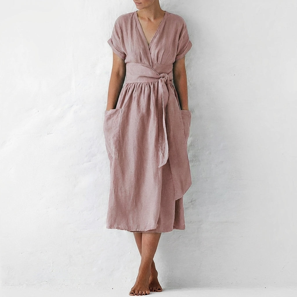 Women's Linen Midi Wrap Dress with Pockets Relaxed Fit