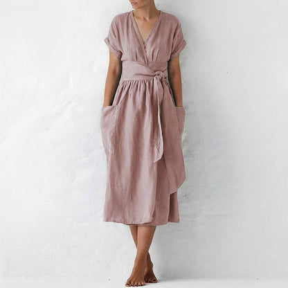 Women's Linen Midi Wrap Dress with Pockets Relaxed Fit