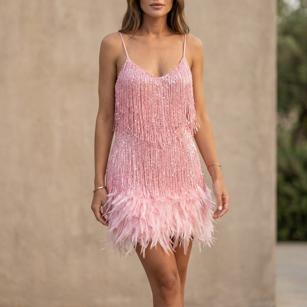Women's Fitted V-Neck Mini Dress Sequined Fringe Feathered Hem