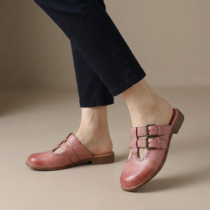 Women's Slip-On Mule Heels Double Buckle Brown Leather - Vonnera