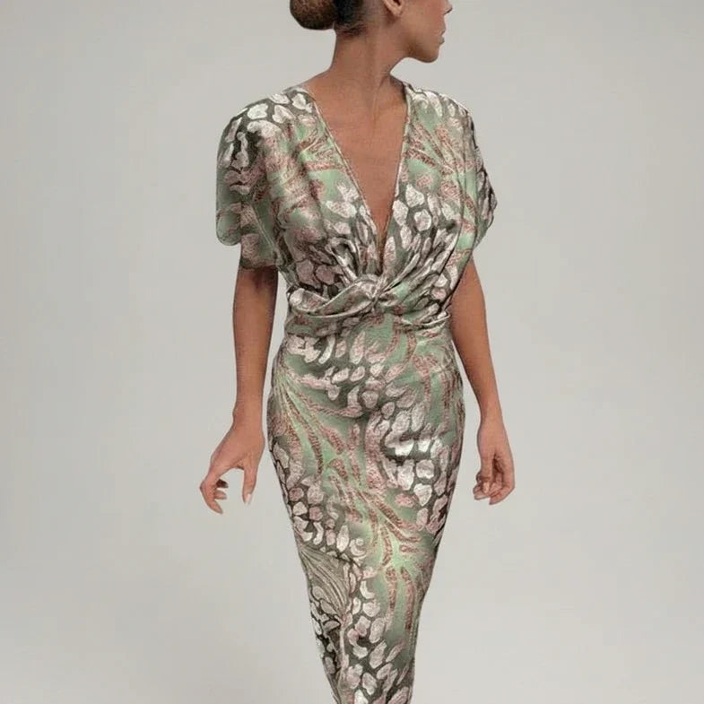 Women's V-Neck Midi Dress Printed - Vonnera