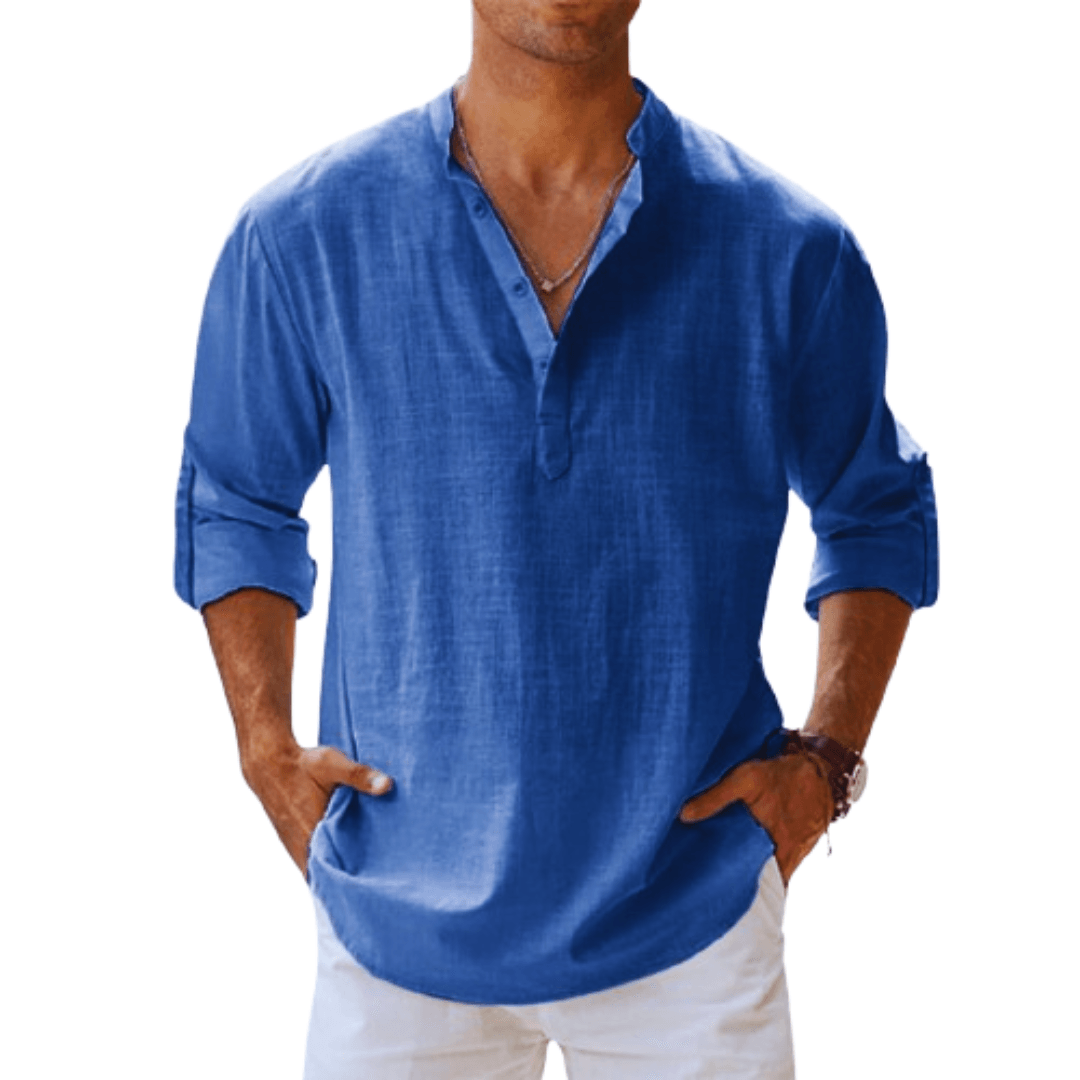 Men's Linen Blend Henley Shirt Long Sleeve Casual Regular Fit - Vonnera