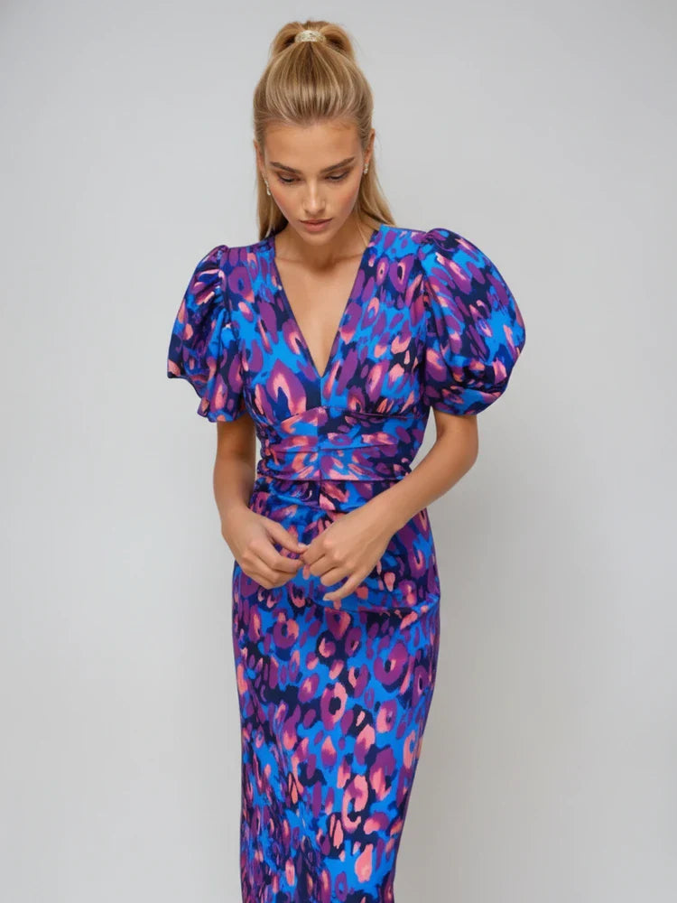 Women's Printed Midi Dress Puff Sleeve Cocktail - Vonnera