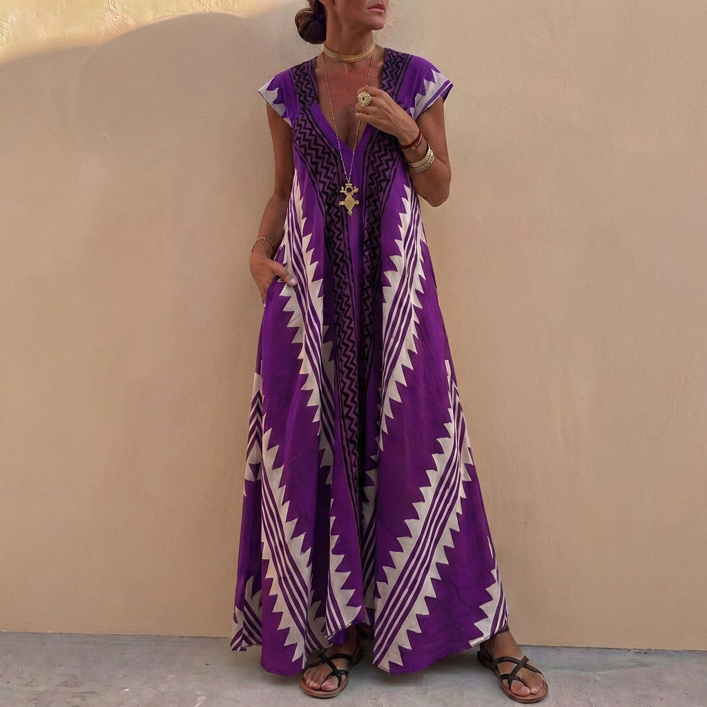 Bohemian A-Line Maxi Dress V-Neck Geometric Print