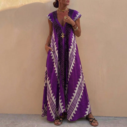 Bohemian A-Line Maxi Dress V-Neck Geometric Print
