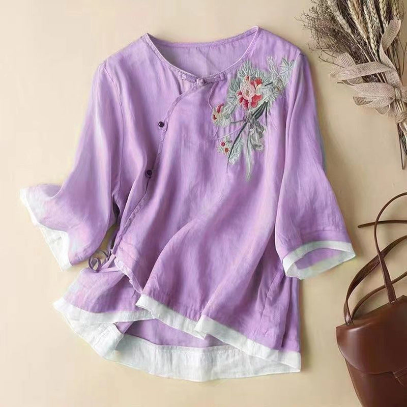 Linen Blend Kimono Blouse Embroidered - Vonnera