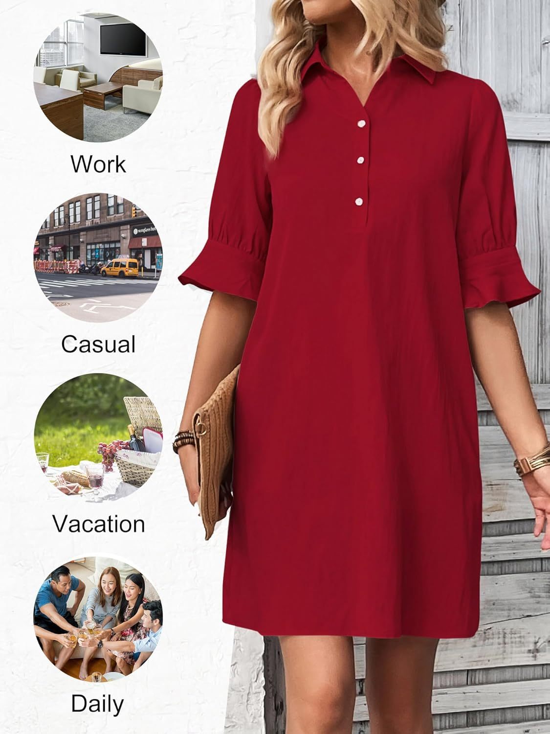 Women's 3/4 Sleeve Shirt Dress Knee Length