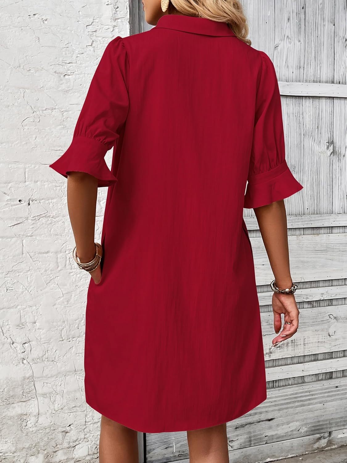 Women's 3/4 Sleeve Shirt Dress Knee Length