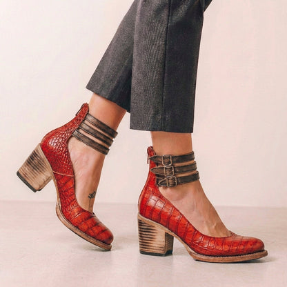 Vegan Leather Block Heel Pumps Buckled Ankle Strap Black