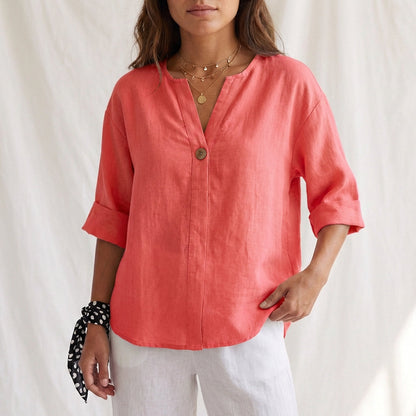 Women's Cotton Blouse V-Neck Cuffed Sleeves White