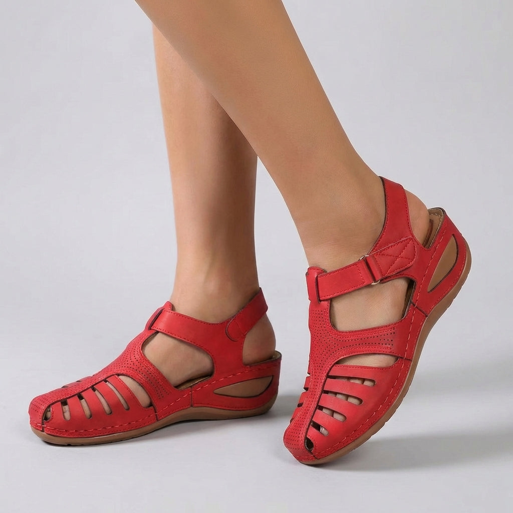 Women's Leather Wedge Sandals Perforated Ankle Strap