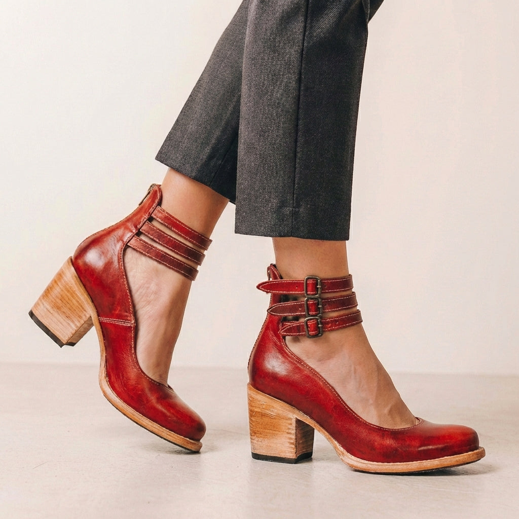 Vegan Leather Block Heel Pumps Buckled Ankle Strap Black