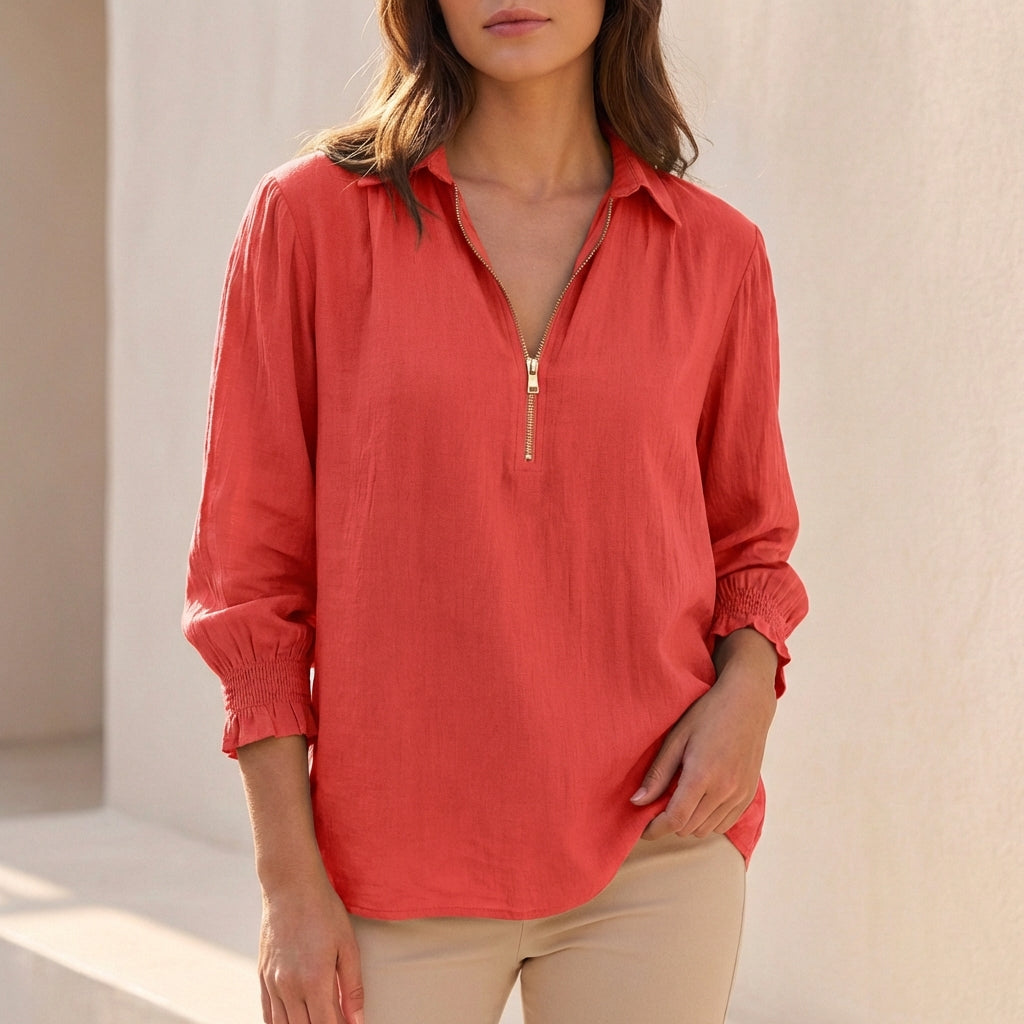 Linen Oversized Zip Up Blouse Relaxed Fit