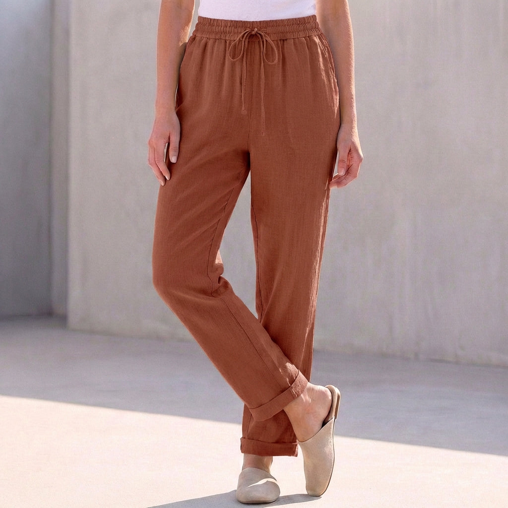 Relaxed Fit Cotton Linen Ankle Pants Drawstring Waist