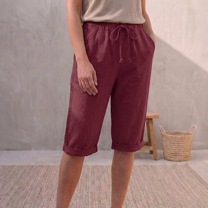 Linen Capri Pants Relaxed Fit Drawstring Waist Cuffed Beige