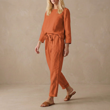 Women's Linen Two Piece Set Boat Neck Blouse Drawstring Pants