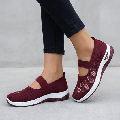 Women's Mesh Mary Jane Flats Floral Embroidery