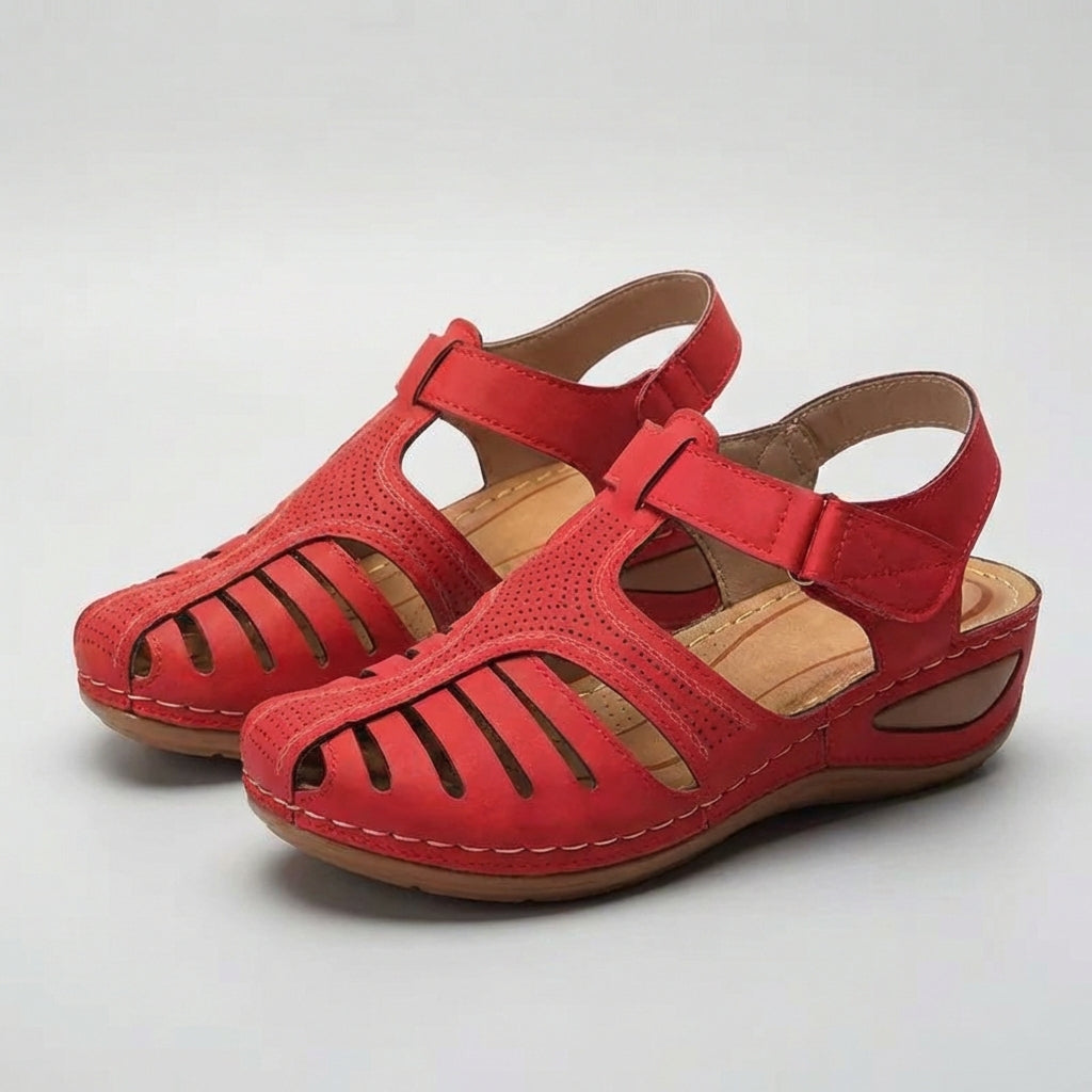 Women's Leather Wedge Sandals Perforated Ankle Strap