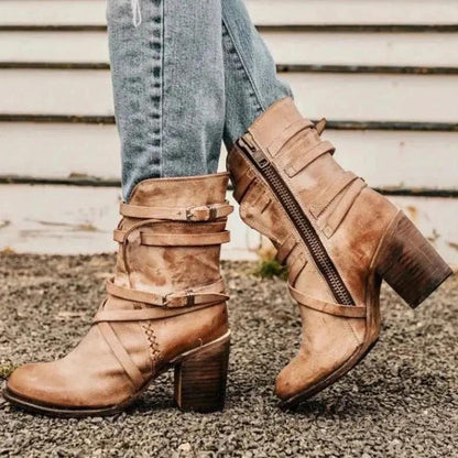 Women's Retro Leather Boots Buckle Detail Brown - Vonnera