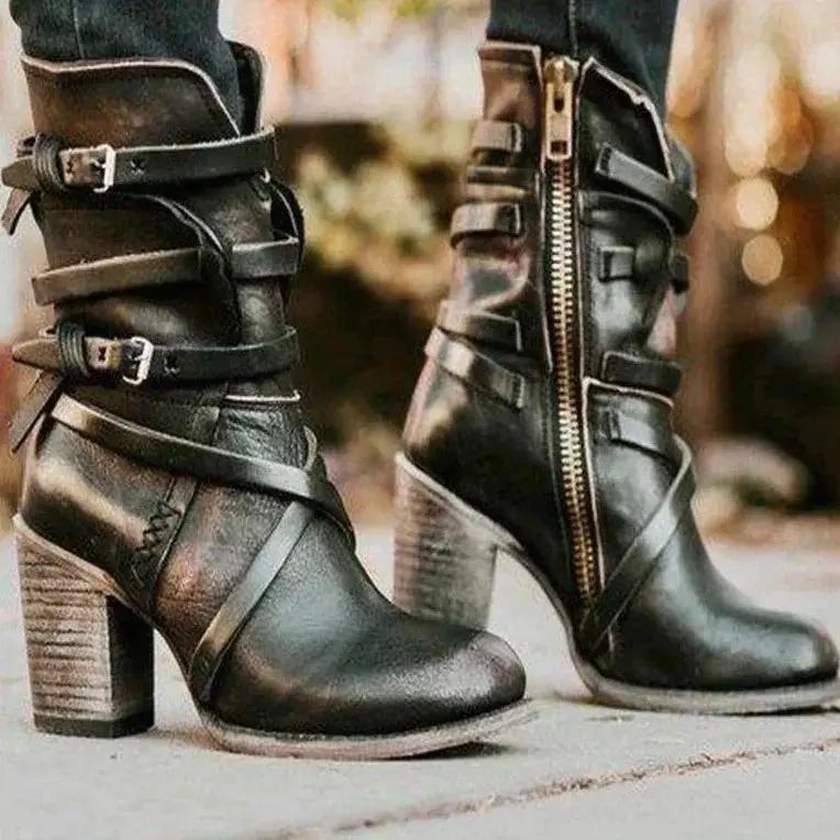 Retro Leather Boots for Women – Chic & Stylish with Belt Buckle Detail