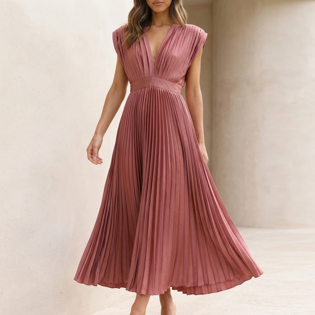 Women's Pleated Maxi Dress V-Neck Defined Waist - Vonnera