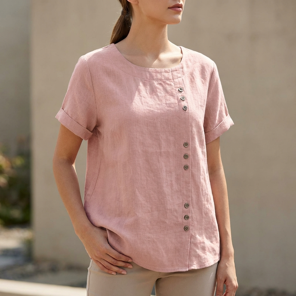 Women's Relaxed Fit Short Sleeve Blouse Asymmetric Button Detail