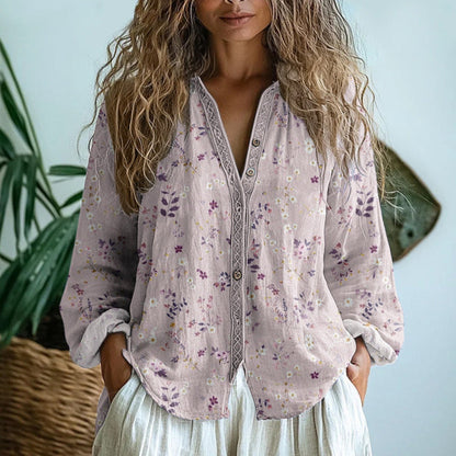 Women's Nature Print Blouse Split V-Neck