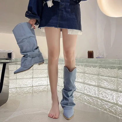 Women's Western Knee High Boots Pointed Toe Heeled Design