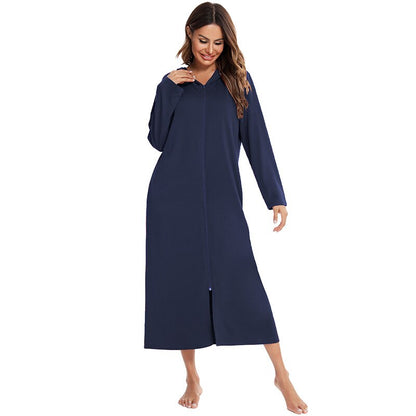 Women's Hooded Fleece Nightdress Zip Up