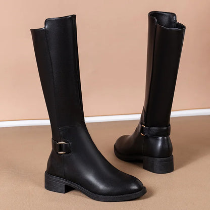 Women's Black Knee High Boots Metal Buckle Side Zip - Vonnera