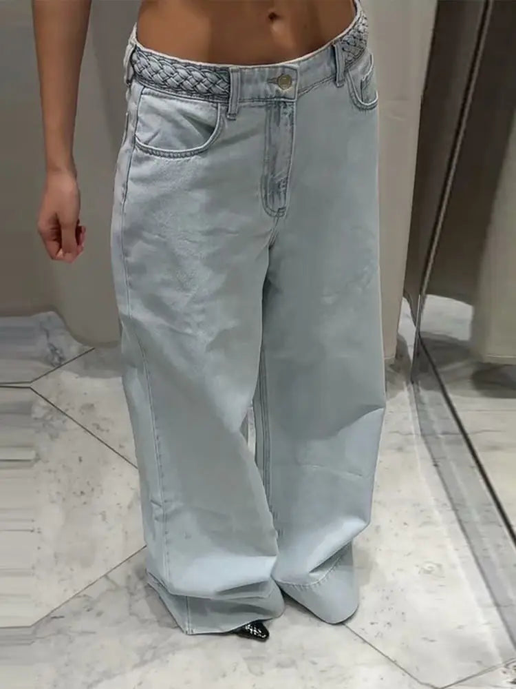Women's Wide Leg Denim Trousers Loose Fit Low Waist Blue