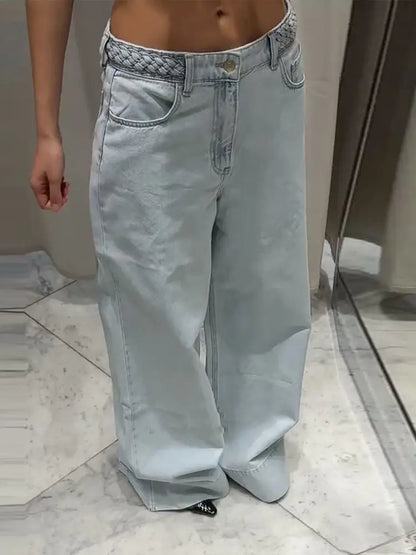 Women's Wide Leg Denim Trousers Loose Fit Low Waist Blue