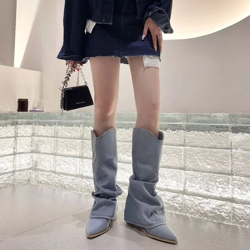 Women's Western Knee High Boots Pointed Toe Heeled Design