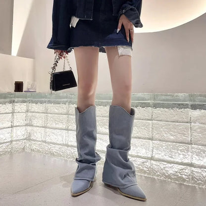 Women's Western Knee High Boots Pointed Toe Heeled Design