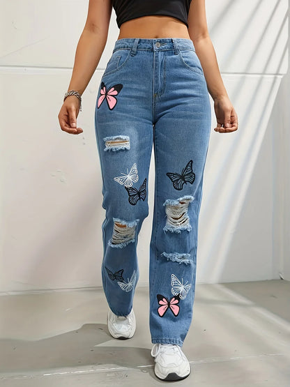Women's Distressed Denim Jeans High Waist Straight Leg Ripped Details