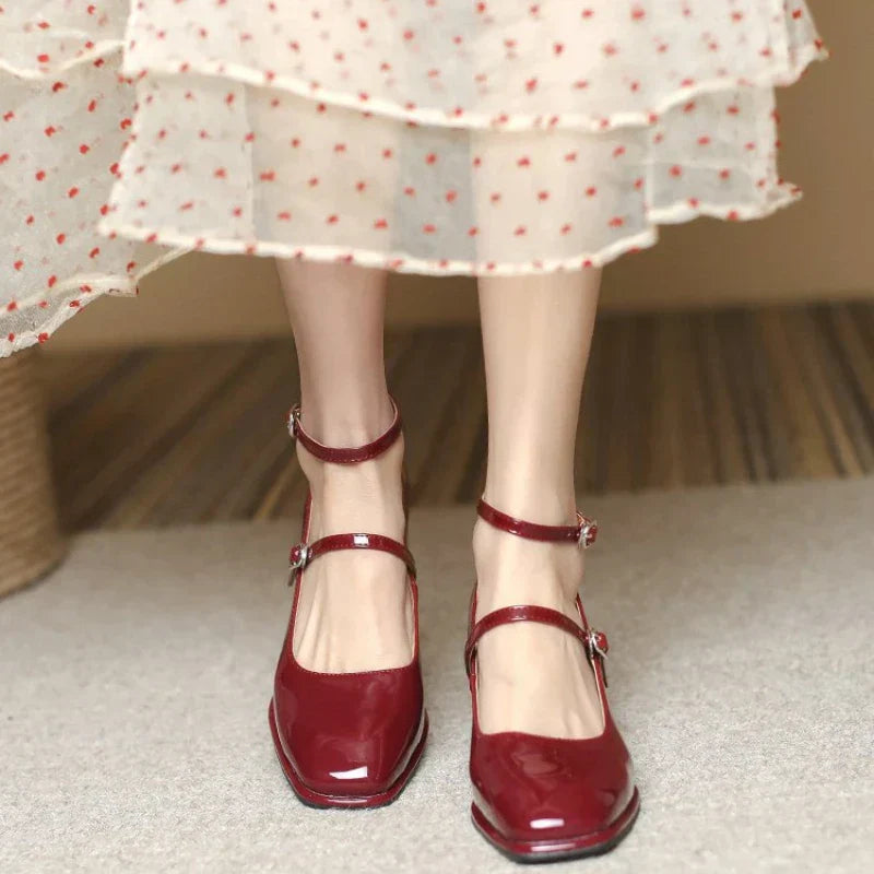 Women's Block Heel Pumps Ankle Strap Square Toe Mary Jane