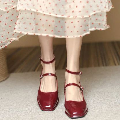 Women's Block Heel Pumps Ankle Strap Square Toe Mary Jane