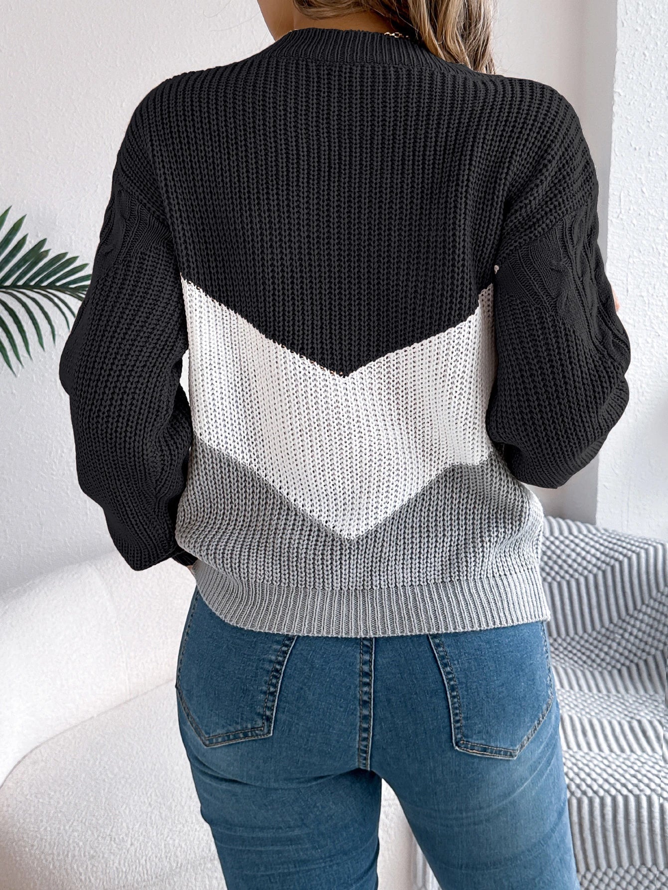 Women's Long Sleeve Sweater Contrast Panel