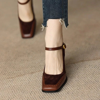 Women's Block Heel Ankle Strap Pumps Square Toe Brown