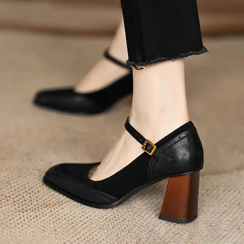 Women's Block Heel Ankle Strap Pumps Square Toe Brown