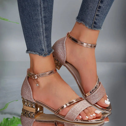 Women's Block Heel Sandals Ankle Strap Gold Detail