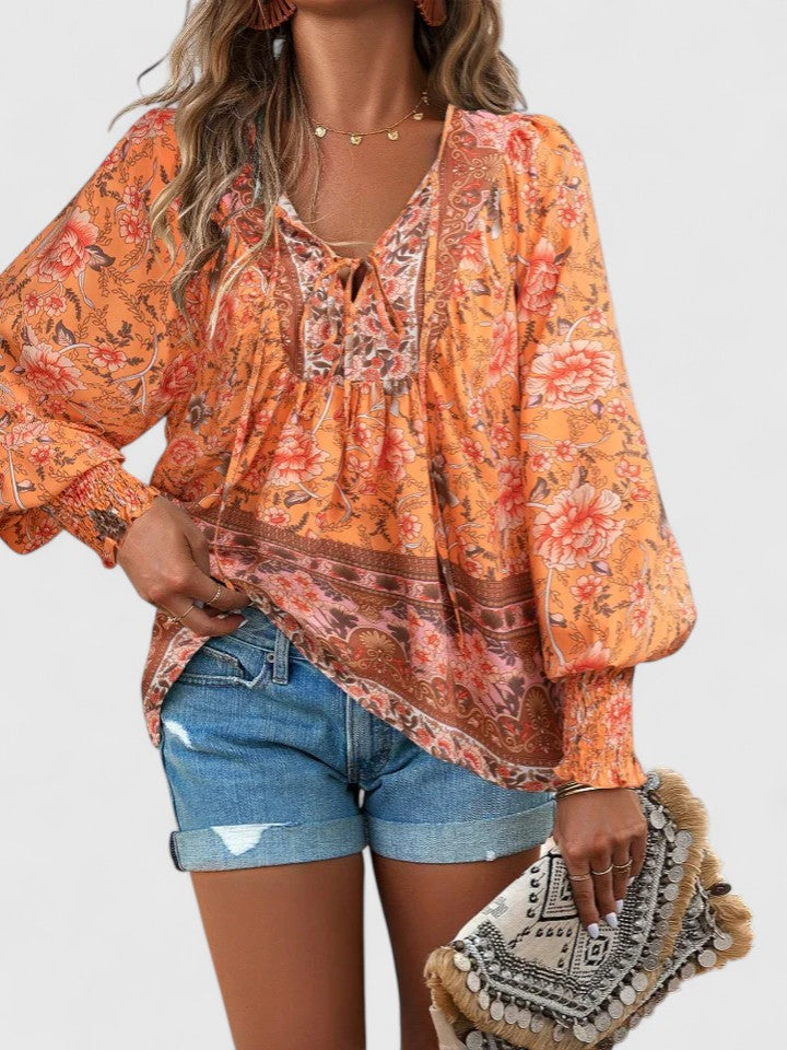 Women's Floral Blouse V-Neck Puff Sleeve