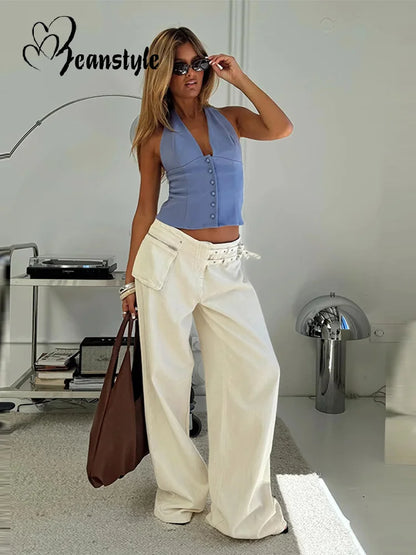 Women's Mid Rise Jeans Wide Leg with Pockets Light Blue