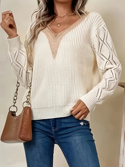 Women's V Neck Sweater Solid Paisley