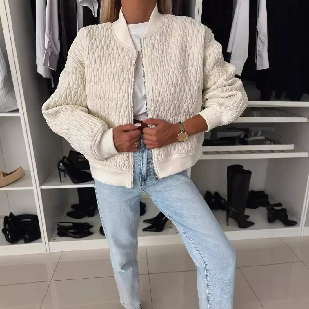 Women's Quilted Bomber Jacket Zip Front Ribbed Trim - Vonnera