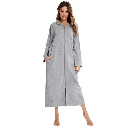 Women's Hooded Fleece Nightdress Zip Up